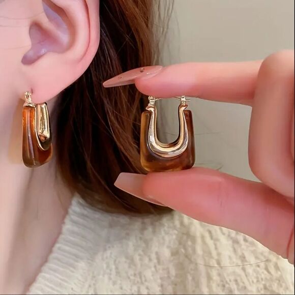 Brown resin u shape earrings chunky hoops - Picture 1 of 6